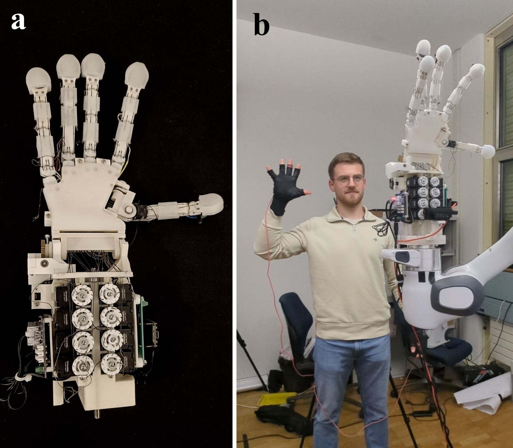 a: 16 Degrees
                        of Freedom (DOF) Robotic Hand, b: Robotic Hand in
                        teleoperation